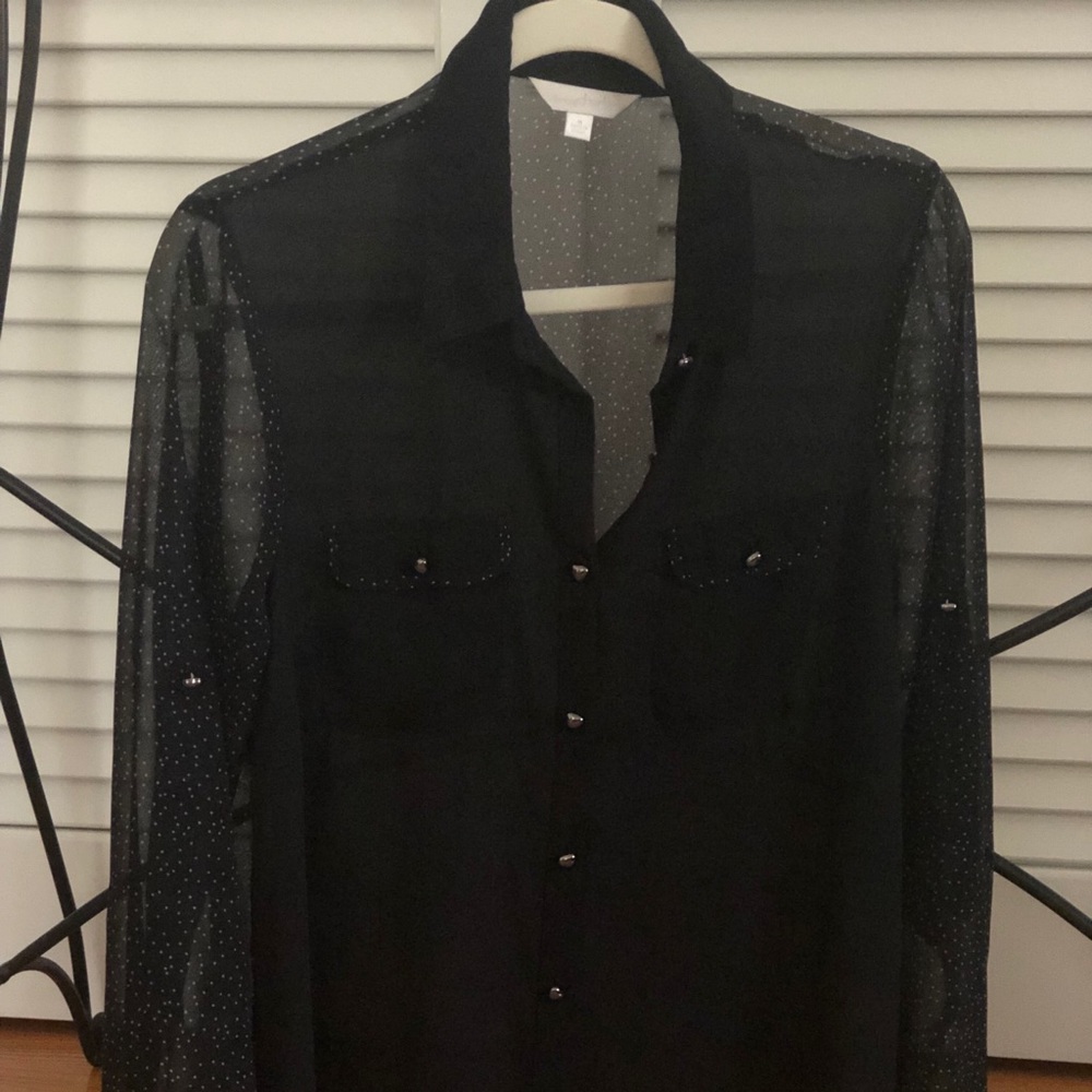 Sheer black polka dot shirt by Charming Charlie